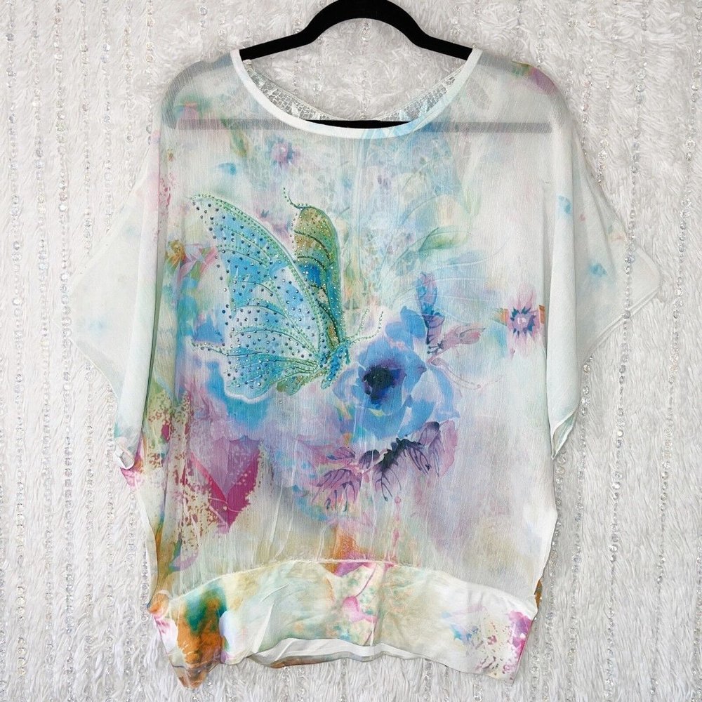 NWOT Baciano Butterfly Transformation Blouse MEDIUM Pastel Watercolor Jewel Lace